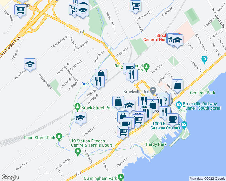 map of restaurants, bars, coffee shops, grocery stores, and more near 88 Brock Street in Brockville