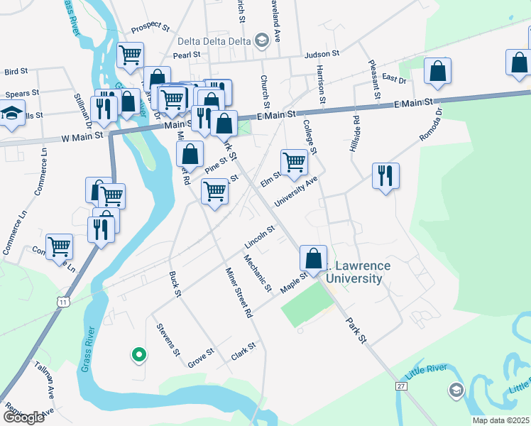 map of restaurants, bars, coffee shops, grocery stores, and more near 54 Park Street in Canton