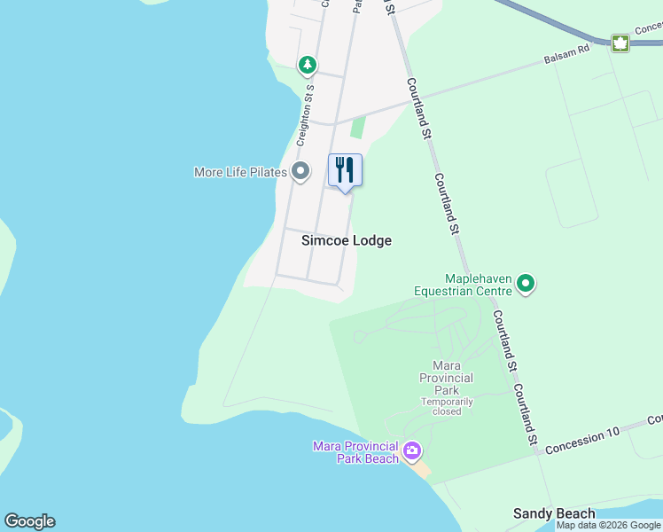 map of restaurants, bars, coffee shops, grocery stores, and more near 126 Patricia Drive in Orillia