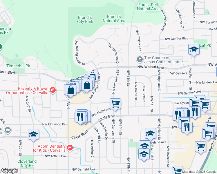 map of restaurants, bars, coffee shops, grocery stores, and more near 2385 Northwest Green Circle in Corvallis