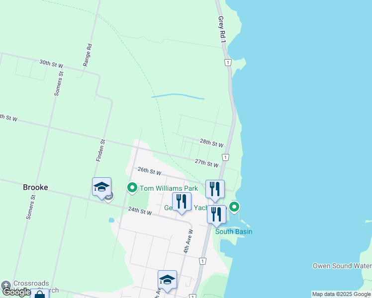 map of restaurants, bars, coffee shops, grocery stores, and more near 575 28th Street West in Owen Sound