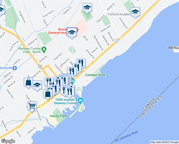 map of restaurants, bars, coffee shops, grocery stores, and more near 9 Park Street in Brockville
