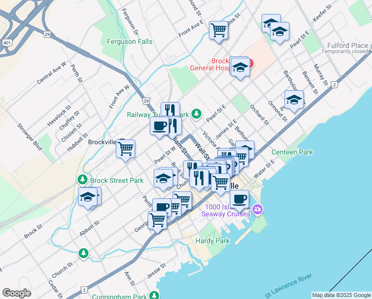 map of restaurants, bars, coffee shops, grocery stores, and more near 39 William Street in Brockville