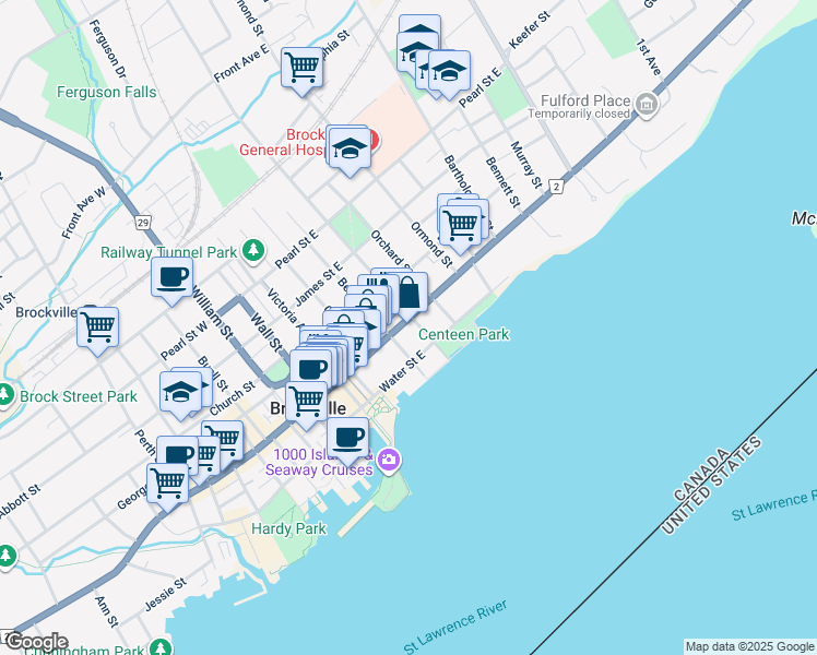 map of restaurants, bars, coffee shops, grocery stores, and more near 71 King Street East in Brockville