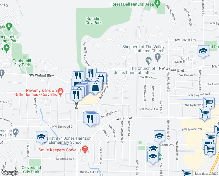 map of restaurants, bars, coffee shops, grocery stores, and more near 2380 Northwest Rolling Green Drive in Corvallis