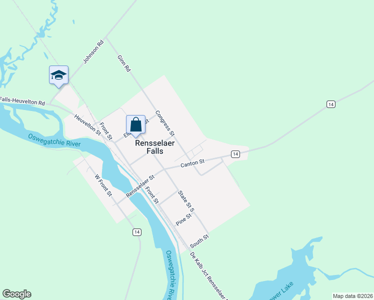 map of restaurants, bars, coffee shops, grocery stores, and more near 423 Rensselaer Street in Rensselaer Falls