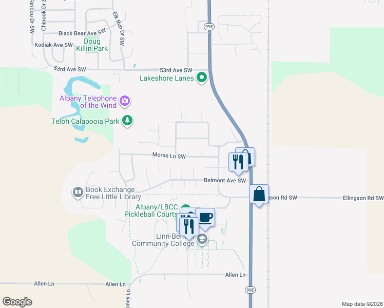 map of restaurants, bars, coffee shops, grocery stores, and more near 1061 Morse Lane Southwest in Albany
