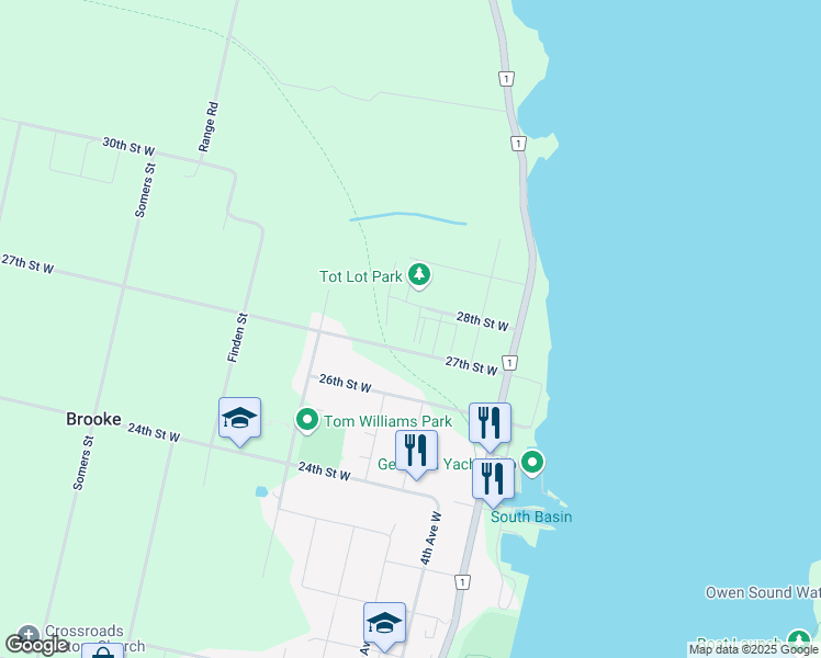 map of restaurants, bars, coffee shops, grocery stores, and more near 575 28th Street West in Owen Sound