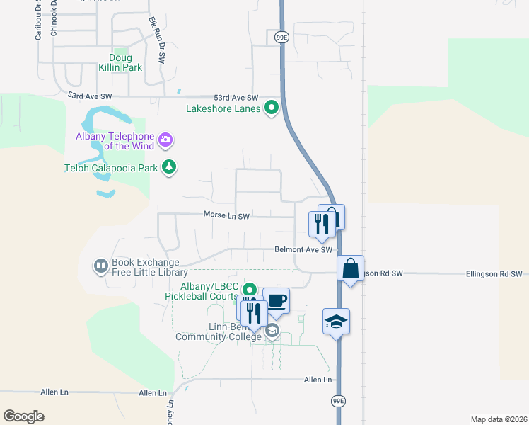 map of restaurants, bars, coffee shops, grocery stores, and more near 1061 Morse Lane Southwest in Albany