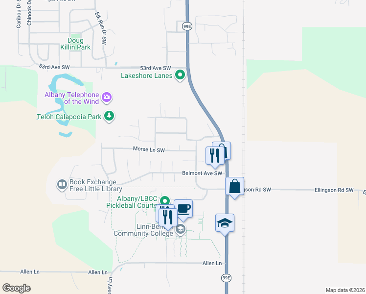 map of restaurants, bars, coffee shops, grocery stores, and more near 1061 Morse Lane Southwest in Albany