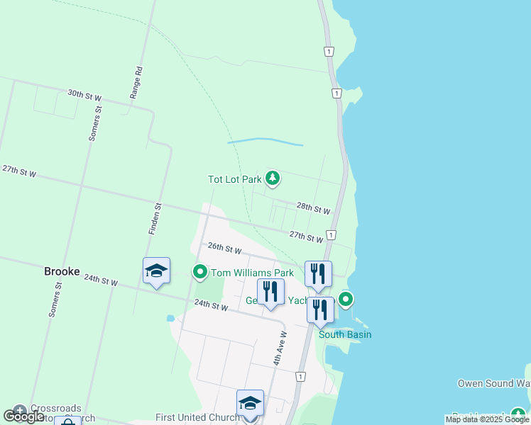 map of restaurants, bars, coffee shops, grocery stores, and more near 575 28th Street West in Owen Sound