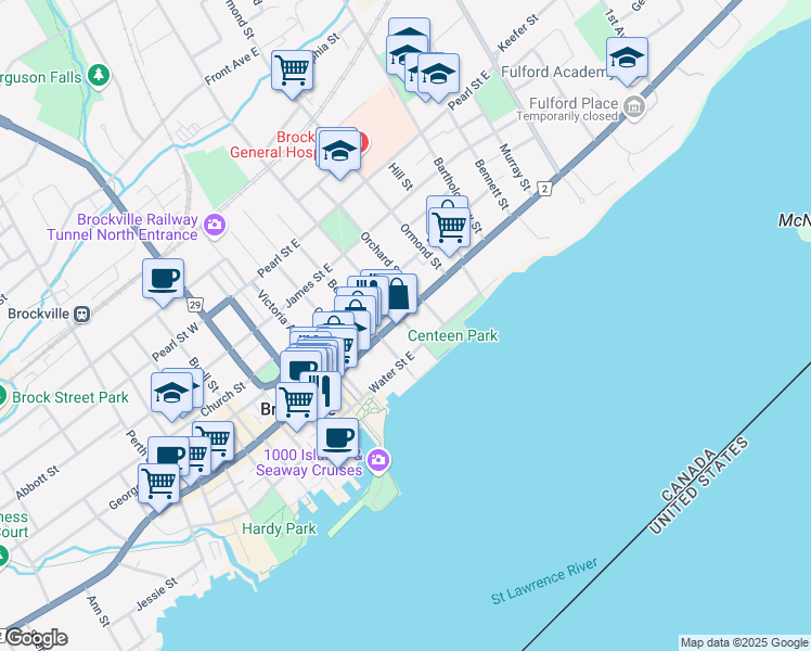 map of restaurants, bars, coffee shops, grocery stores, and more near 12 Park Street in Brockville