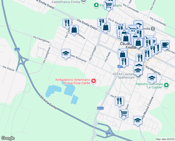 map of restaurants, bars, coffee shops, grocery stores, and more near 7 Via Europa in Castelfranco Emilia