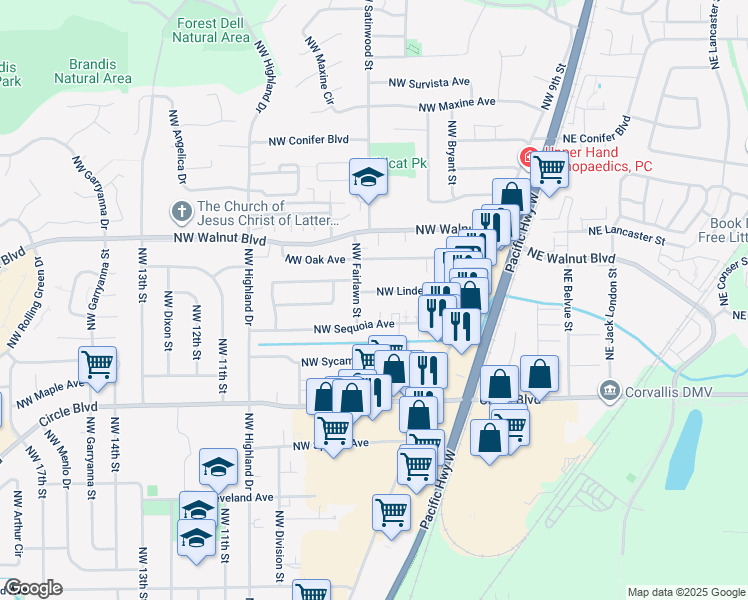 map of restaurants, bars, coffee shops, grocery stores, and more near 672 Northwest Linden Avenue in Corvallis