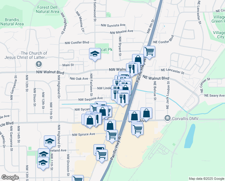 map of restaurants, bars, coffee shops, grocery stores, and more near 592 Northwest Linden Avenue in Corvallis