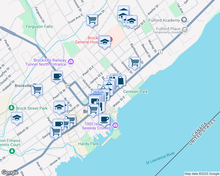 map of restaurants, bars, coffee shops, grocery stores, and more near 40 Bethune Street in Brockville