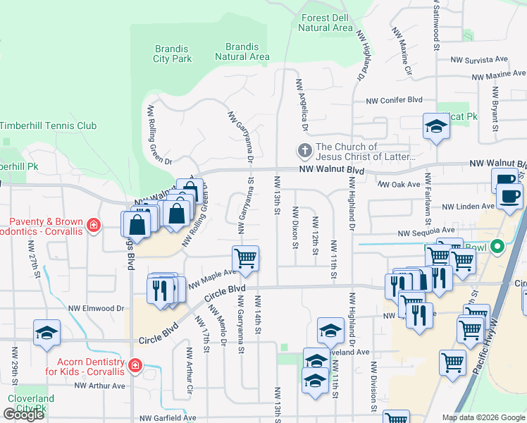 map of restaurants, bars, coffee shops, grocery stores, and more near 1459 Northwest Havengreen Place in Corvallis