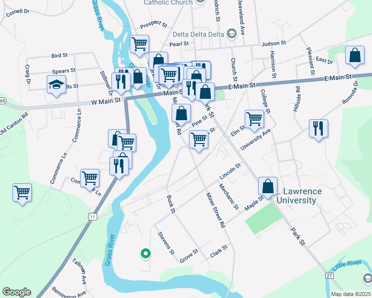 map of restaurants, bars, coffee shops, grocery stores, and more near 6-8 Buck Street in Canton