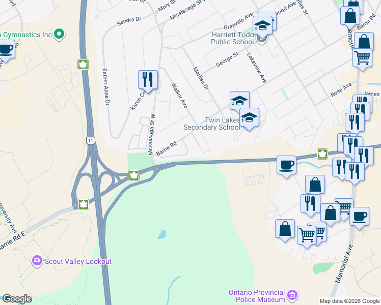 map of restaurants, bars, coffee shops, grocery stores, and more near 441 Barrie Road in Orillia