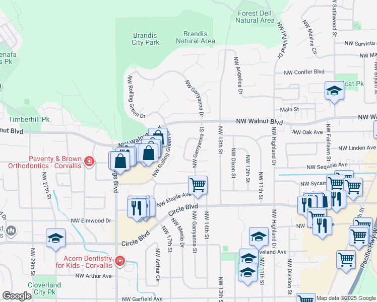 map of restaurants, bars, coffee shops, grocery stores, and more near 2385 NW Green Cir in Corvallis