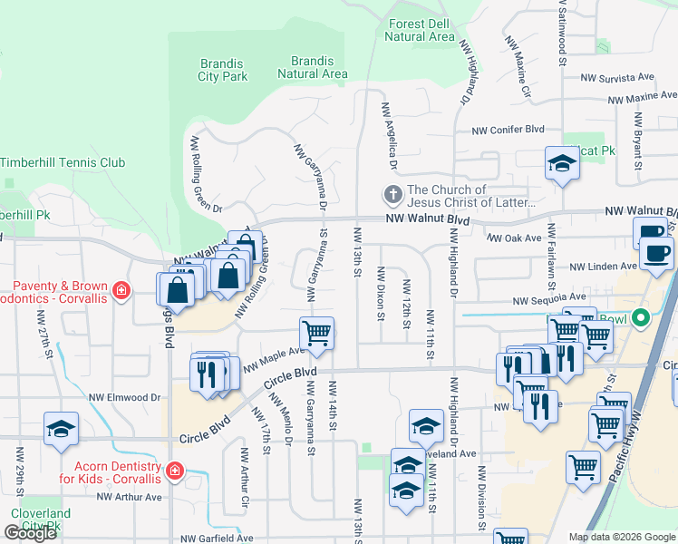 map of restaurants, bars, coffee shops, grocery stores, and more near 1459 Northwest Havengreen Place in Corvallis