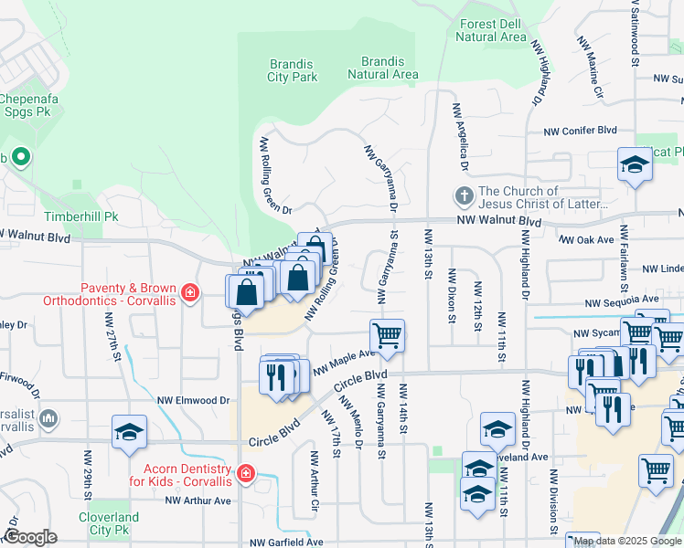 map of restaurants, bars, coffee shops, grocery stores, and more near 2390 Northwest Rolling Green Drive in Corvallis