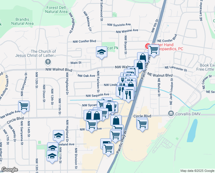 map of restaurants, bars, coffee shops, grocery stores, and more near 672 Northwest Linden Avenue in Corvallis
