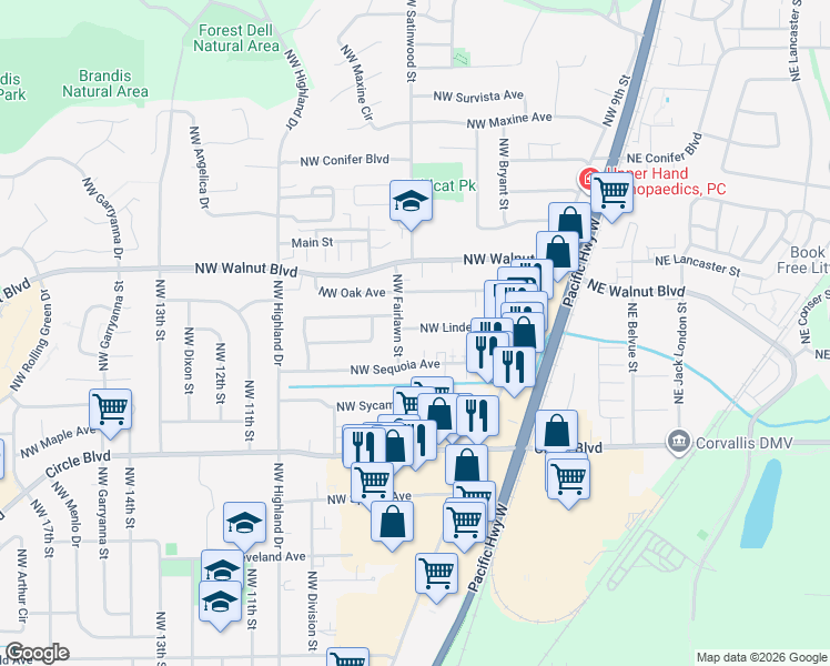 map of restaurants, bars, coffee shops, grocery stores, and more near 692 Northwest Linden Avenue in Corvallis