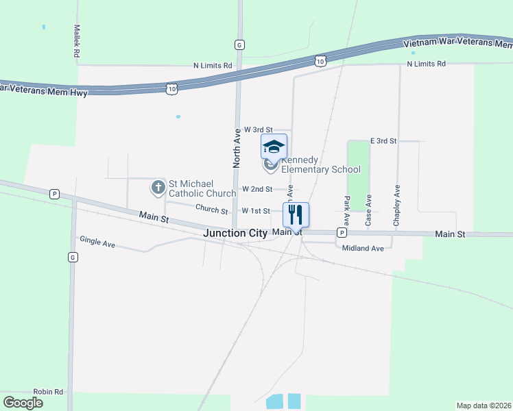 map of restaurants, bars, coffee shops, grocery stores, and more near 640 West 1st Street in Junction City