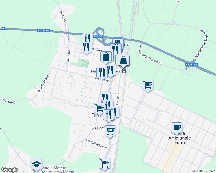 map of restaurants, bars, coffee shops, grocery stores, and more near 107 Via Galliera in Funo
