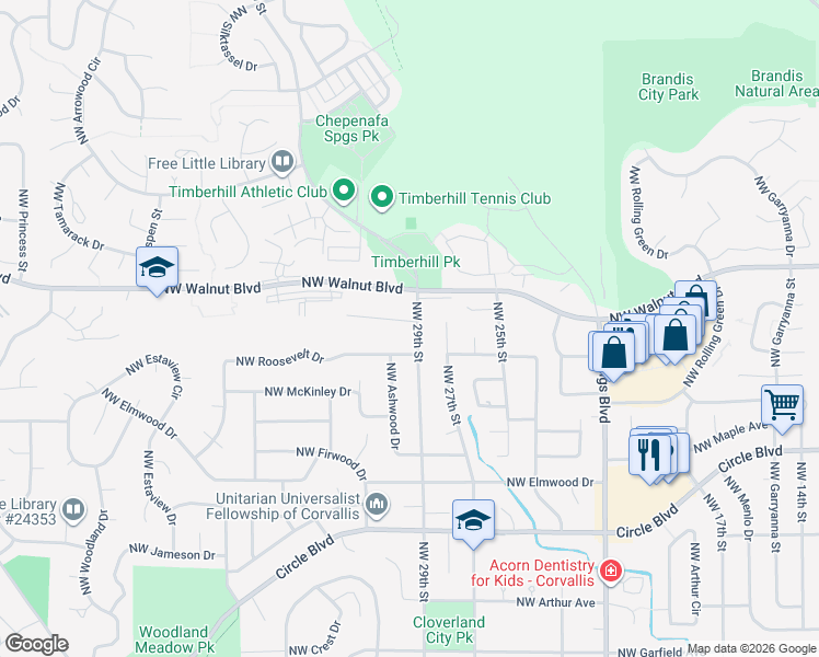 map of restaurants, bars, coffee shops, grocery stores, and more near 2910 Northwest Taft Avenue in Corvallis