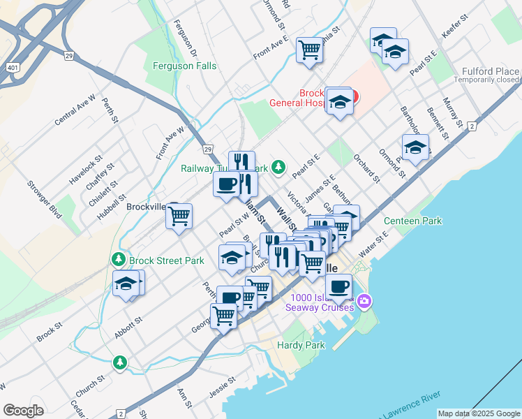 map of restaurants, bars, coffee shops, grocery stores, and more near 31 Pearl Street West in Brockville