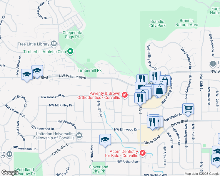 map of restaurants, bars, coffee shops, grocery stores, and more near 2490 Northwest 25th Street in Corvallis
