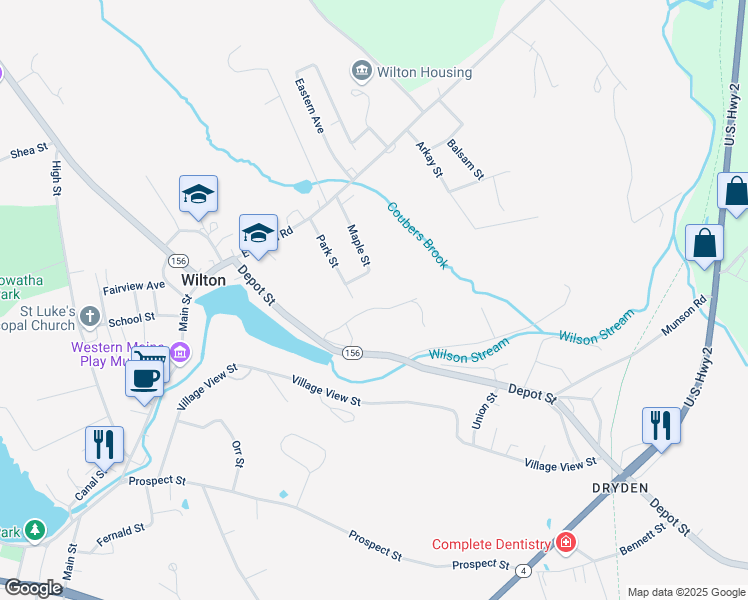 map of restaurants, bars, coffee shops, grocery stores, and more near 33 Birch Street in Wilton