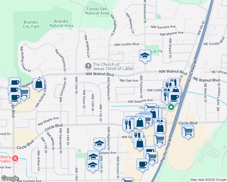map of restaurants, bars, coffee shops, grocery stores, and more near 2346 Northwest Highland Drive in Corvallis