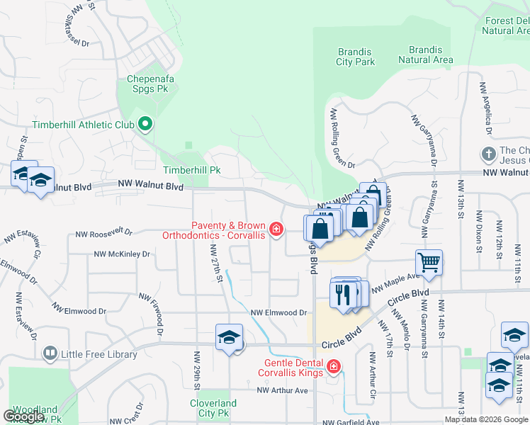 map of restaurants, bars, coffee shops, grocery stores, and more near 2300 Northwest Walnut Boulevard in Corvallis