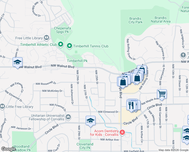 map of restaurants, bars, coffee shops, grocery stores, and more near 2490 Northwest 25th Street in Corvallis