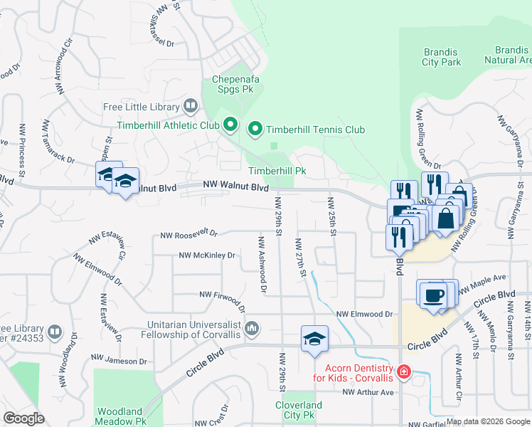 map of restaurants, bars, coffee shops, grocery stores, and more near 2910 Northwest Taft Avenue in Corvallis