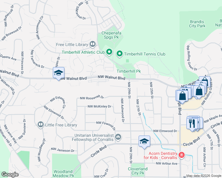 map of restaurants, bars, coffee shops, grocery stores, and more near 3248 Northwest Taft Avenue in Corvallis