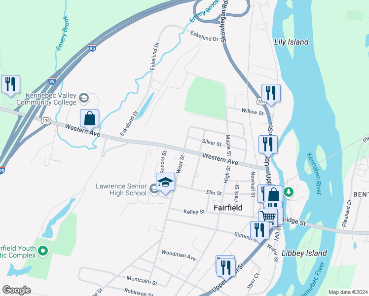 map of restaurants, bars, coffee shops, grocery stores, and more near 42 Western Avenue in Fairfield