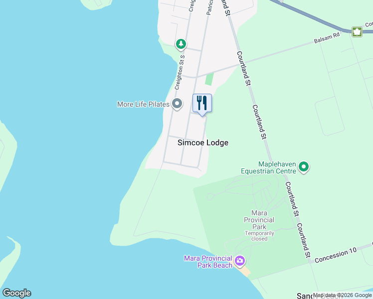 map of restaurants, bars, coffee shops, grocery stores, and more near 126 Patricia Drive in Orillia