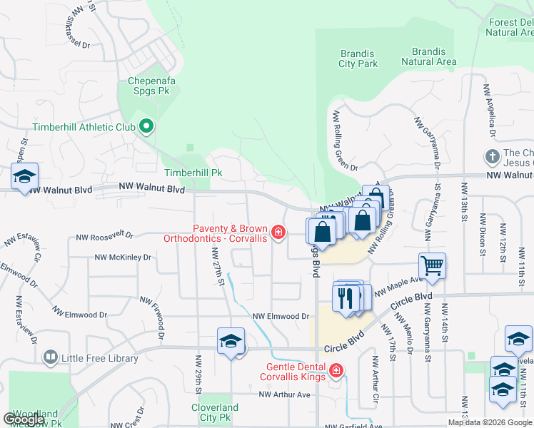 map of restaurants, bars, coffee shops, grocery stores, and more near 2300 Northwest Walnut Boulevard in Corvallis