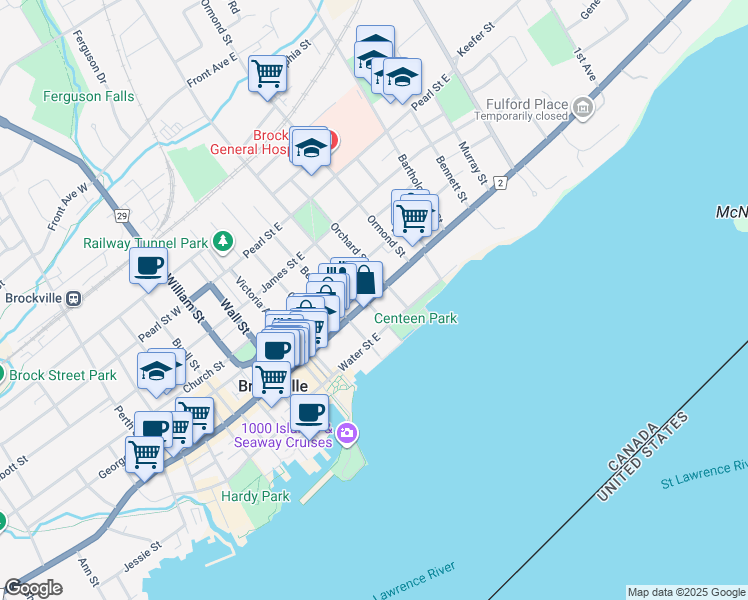 map of restaurants, bars, coffee shops, grocery stores, and more near 79 King Street East in Brockville