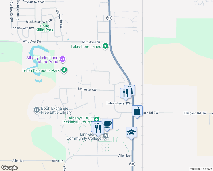 map of restaurants, bars, coffee shops, grocery stores, and more near 1061 Morse Lane Southwest in Albany