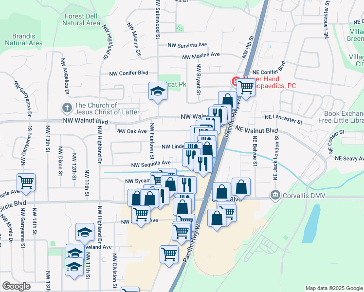 map of restaurants, bars, coffee shops, grocery stores, and more near 592 Northwest Linden Avenue in Corvallis