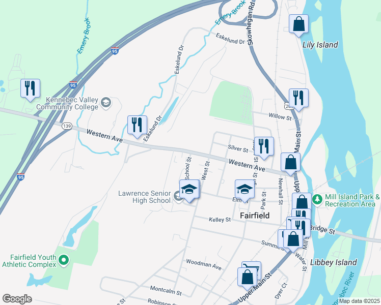 map of restaurants, bars, coffee shops, grocery stores, and more near 9 School Street in Fairfield