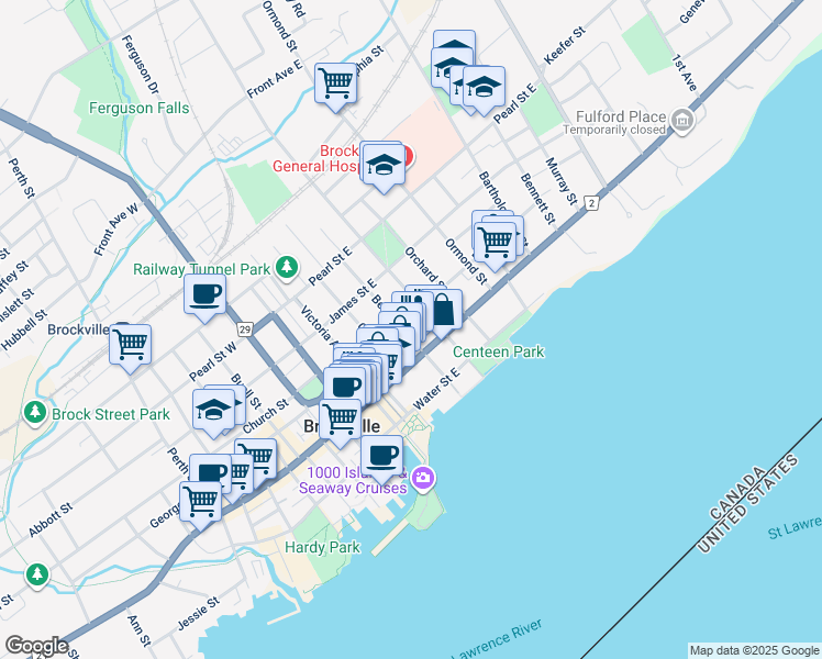 map of restaurants, bars, coffee shops, grocery stores, and more near 41 Bethune Street in Brockville