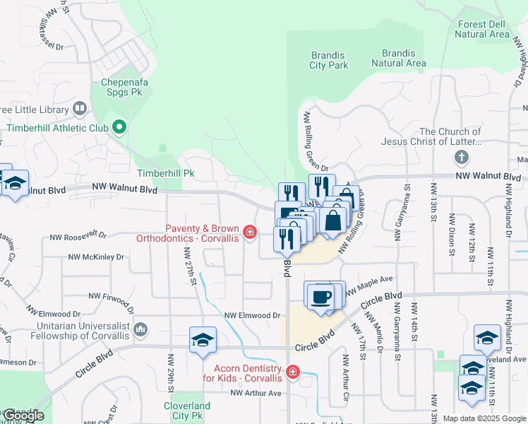 map of restaurants, bars, coffee shops, grocery stores, and more near 2273 Northwest Professional Drive in Corvallis