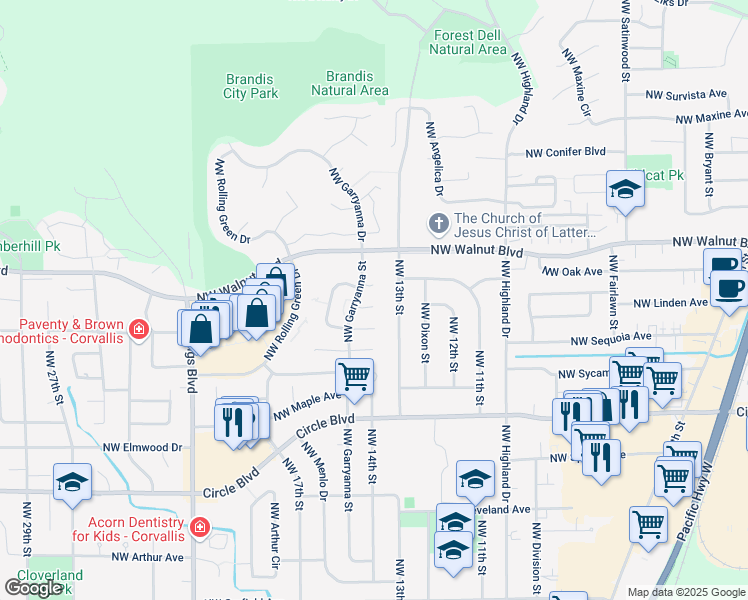 map of restaurants, bars, coffee shops, grocery stores, and more near 1459 Northwest Havengreen Place in Corvallis