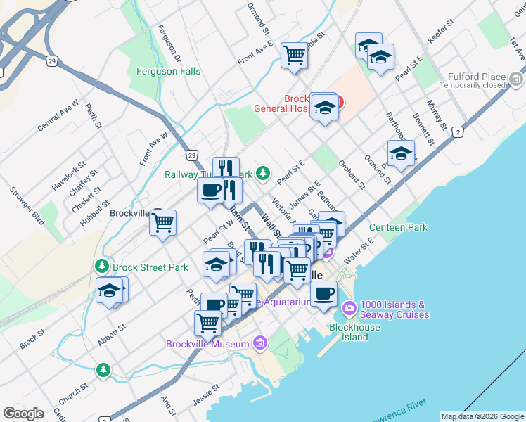 map of restaurants, bars, coffee shops, grocery stores, and more near 49 Wall Street in Brockville